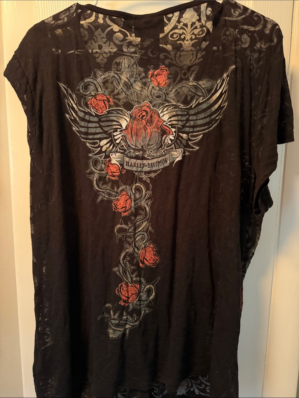 Harley-Davidson Black V-Neck Short Sleeve Top with Red Rose Accent - Picture 7 of 9